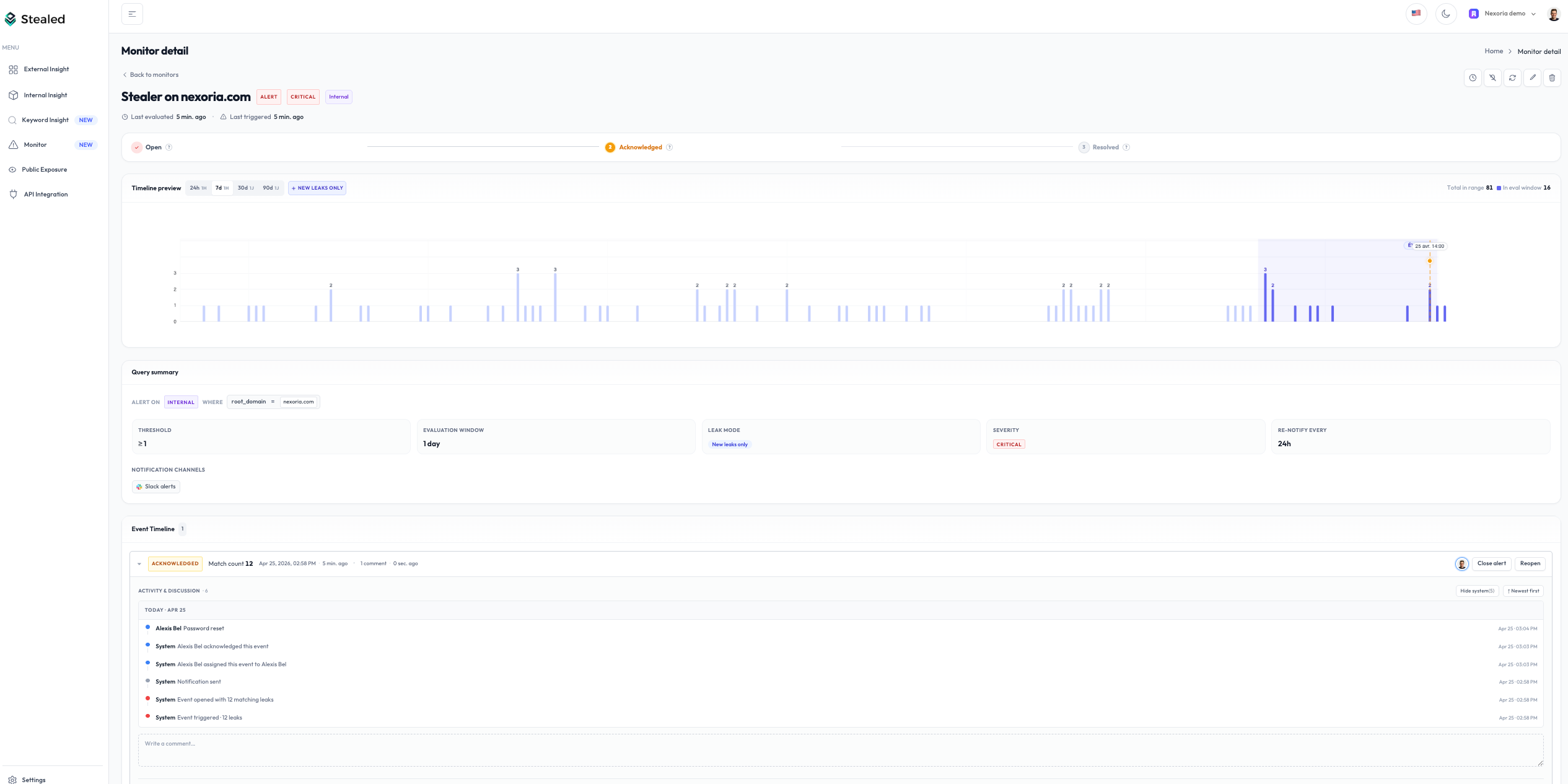 Event detail page with available actions (assign, acknowledge, close) and the activity timeline