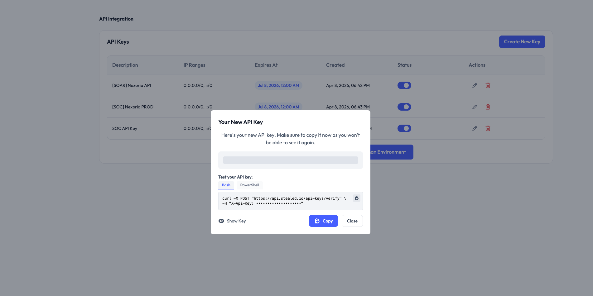 Settings → API Integration page with the API keys list and the create key flow