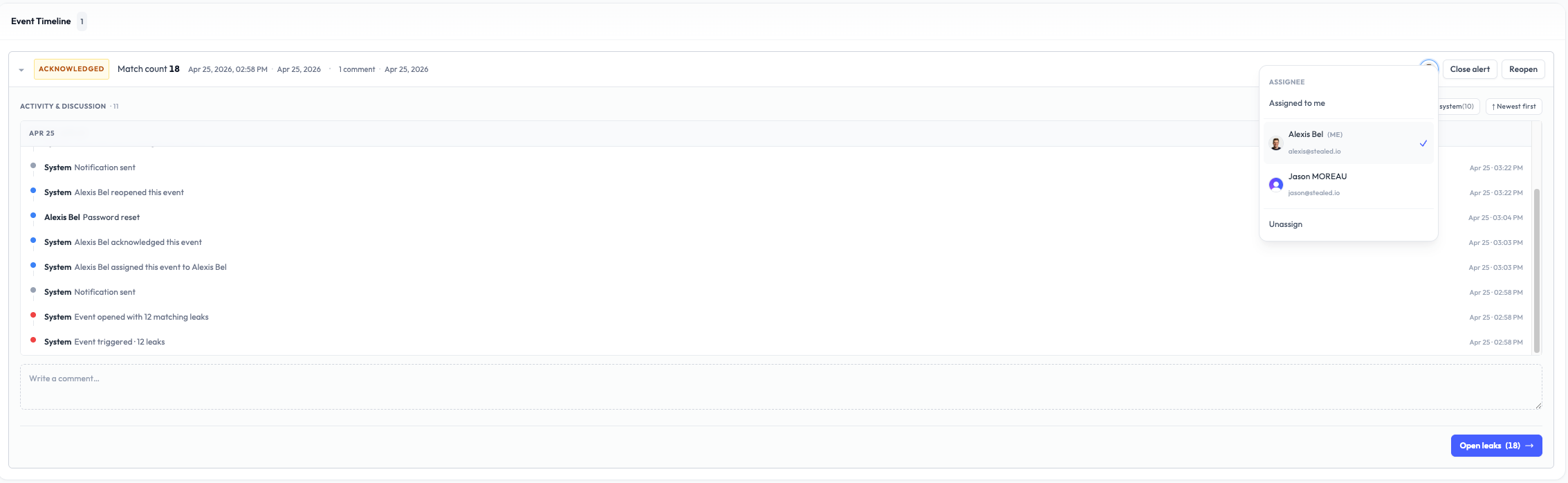 Assignment dropdown open on an event, with the team member list and live search