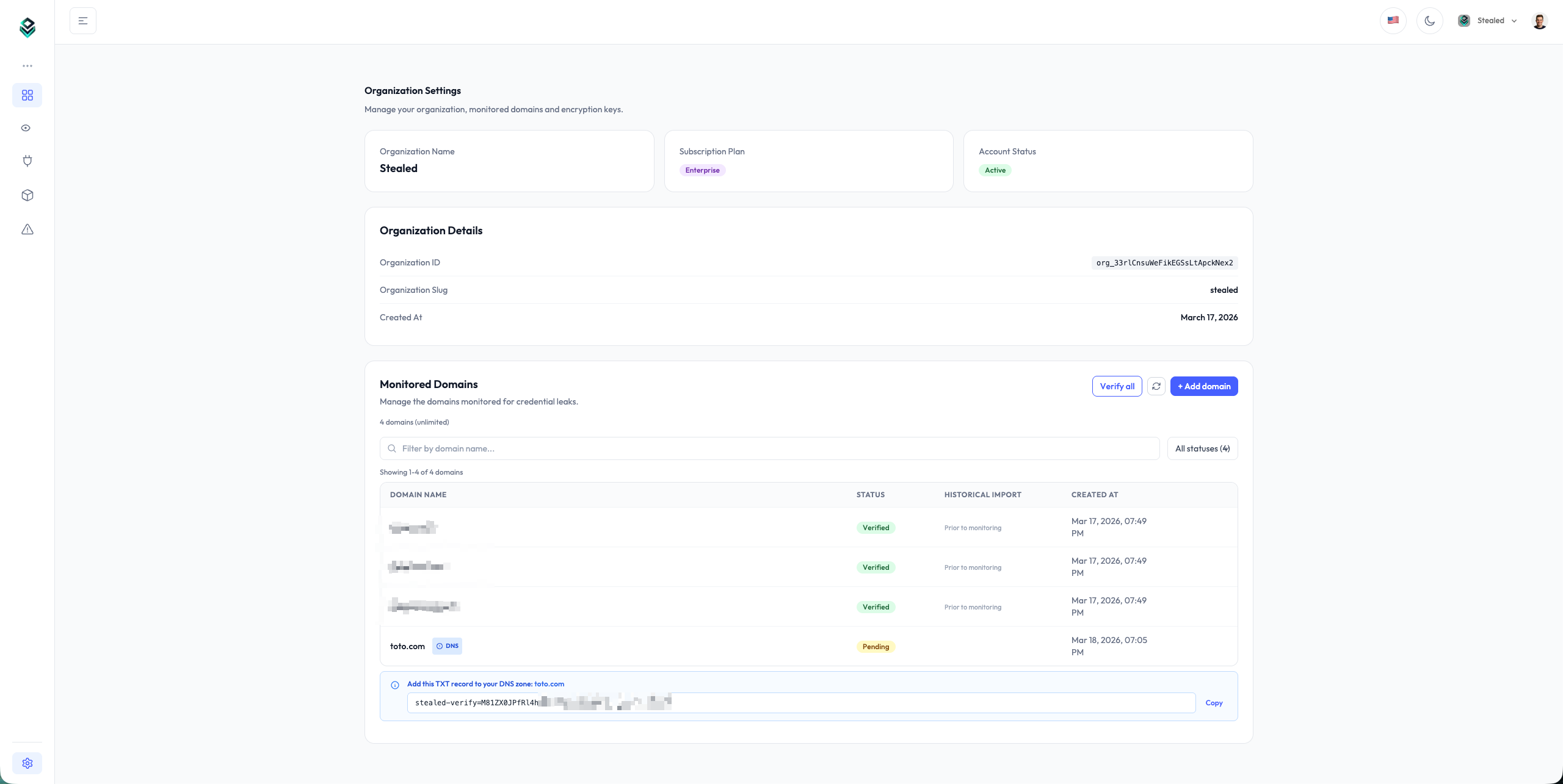 Domain management page where you add and watch a root domain