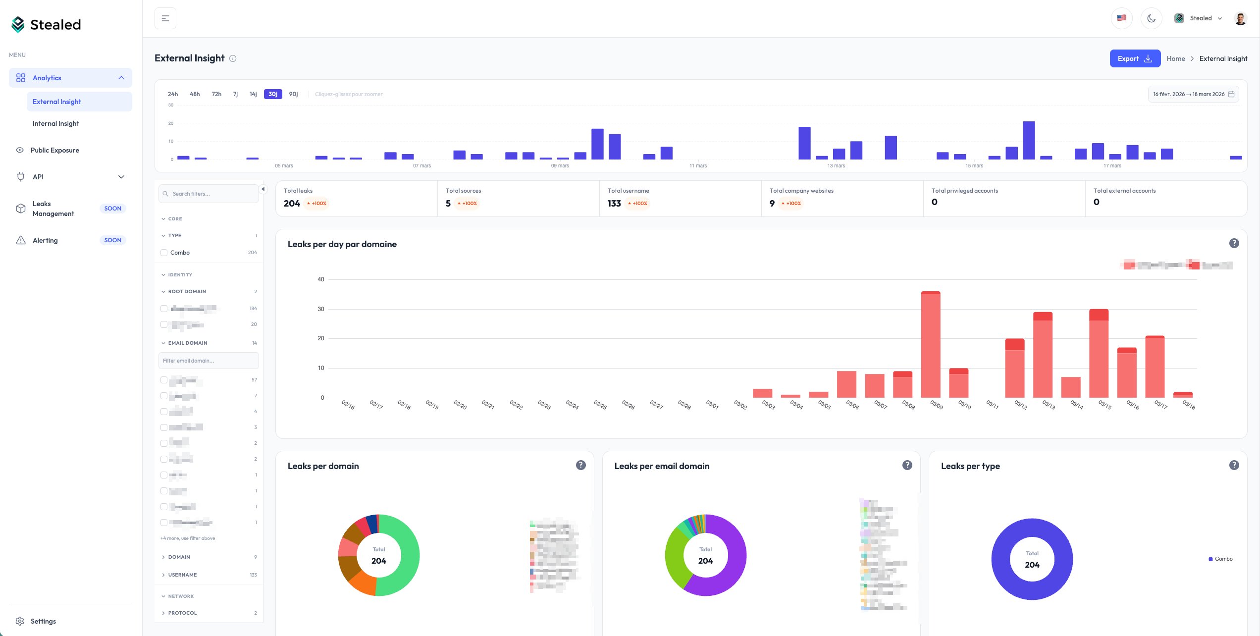 Faceted filters applied to the leaks table, narrows the view by stealer family, source type and date range