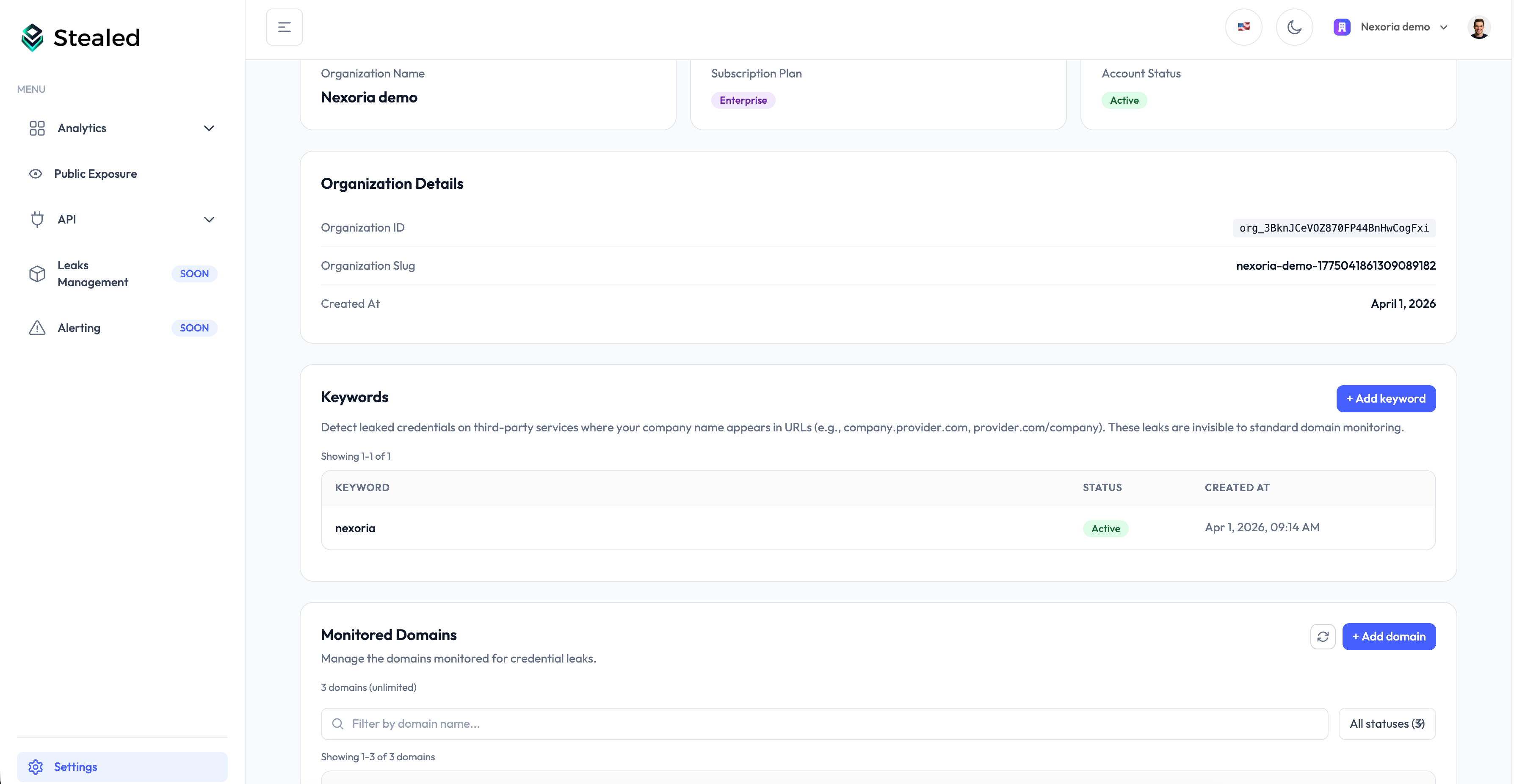 Keyword Insight dashboard with detected URLs containing the monitored keyword