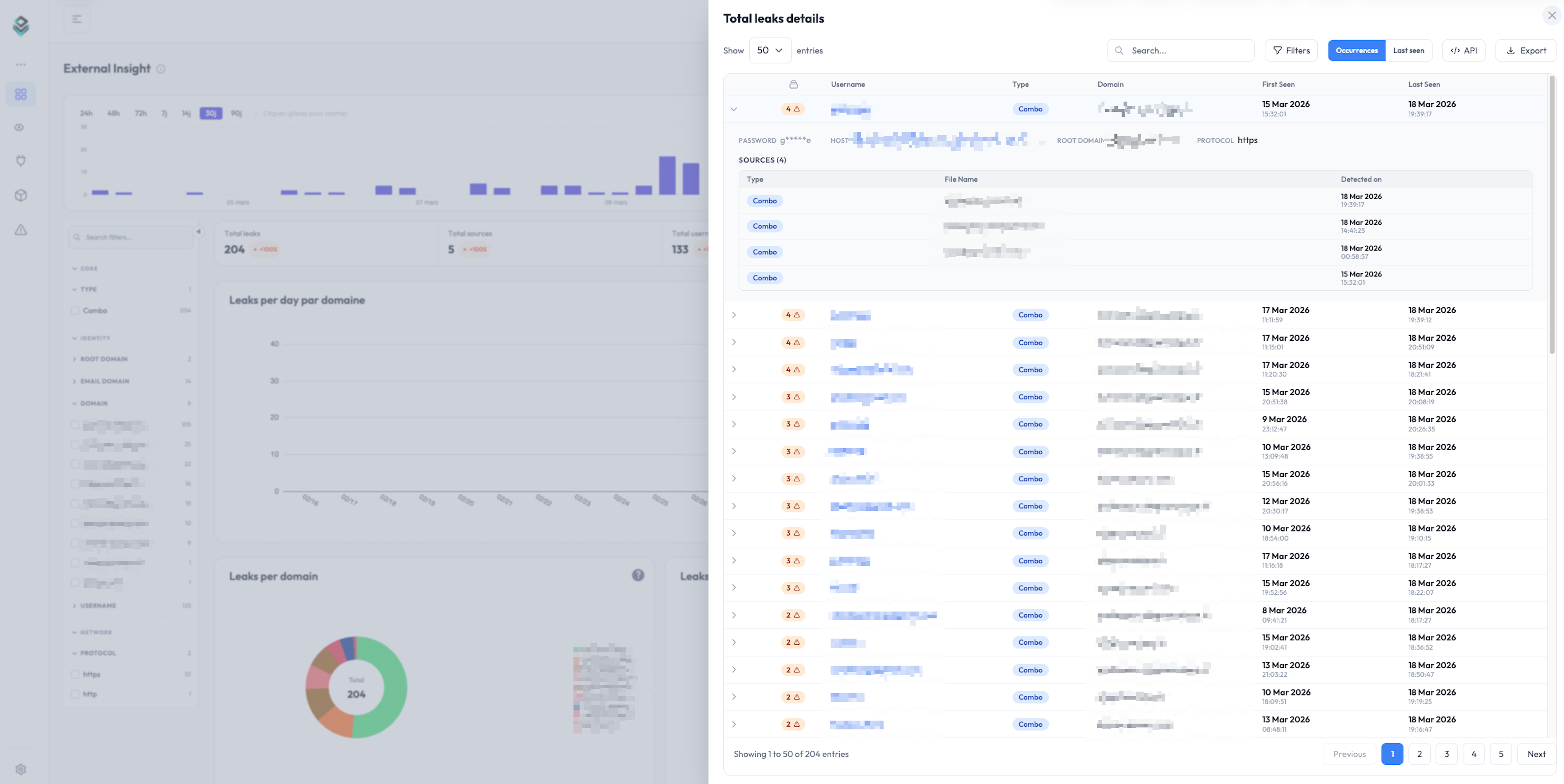 Detected leaks table with usernames, masked passwords, target sites and timestamps
