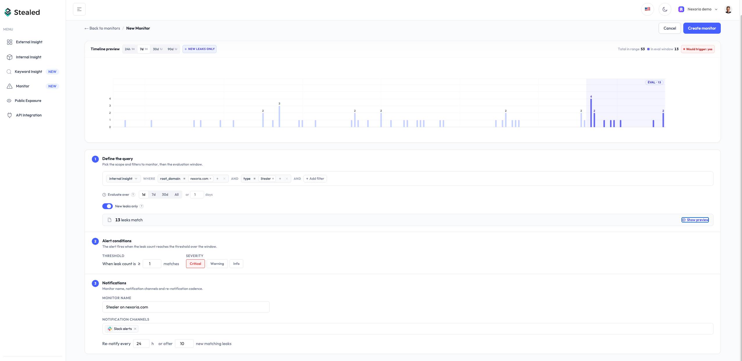 Monitor creation form with filters, threshold, renotification and channel selection
