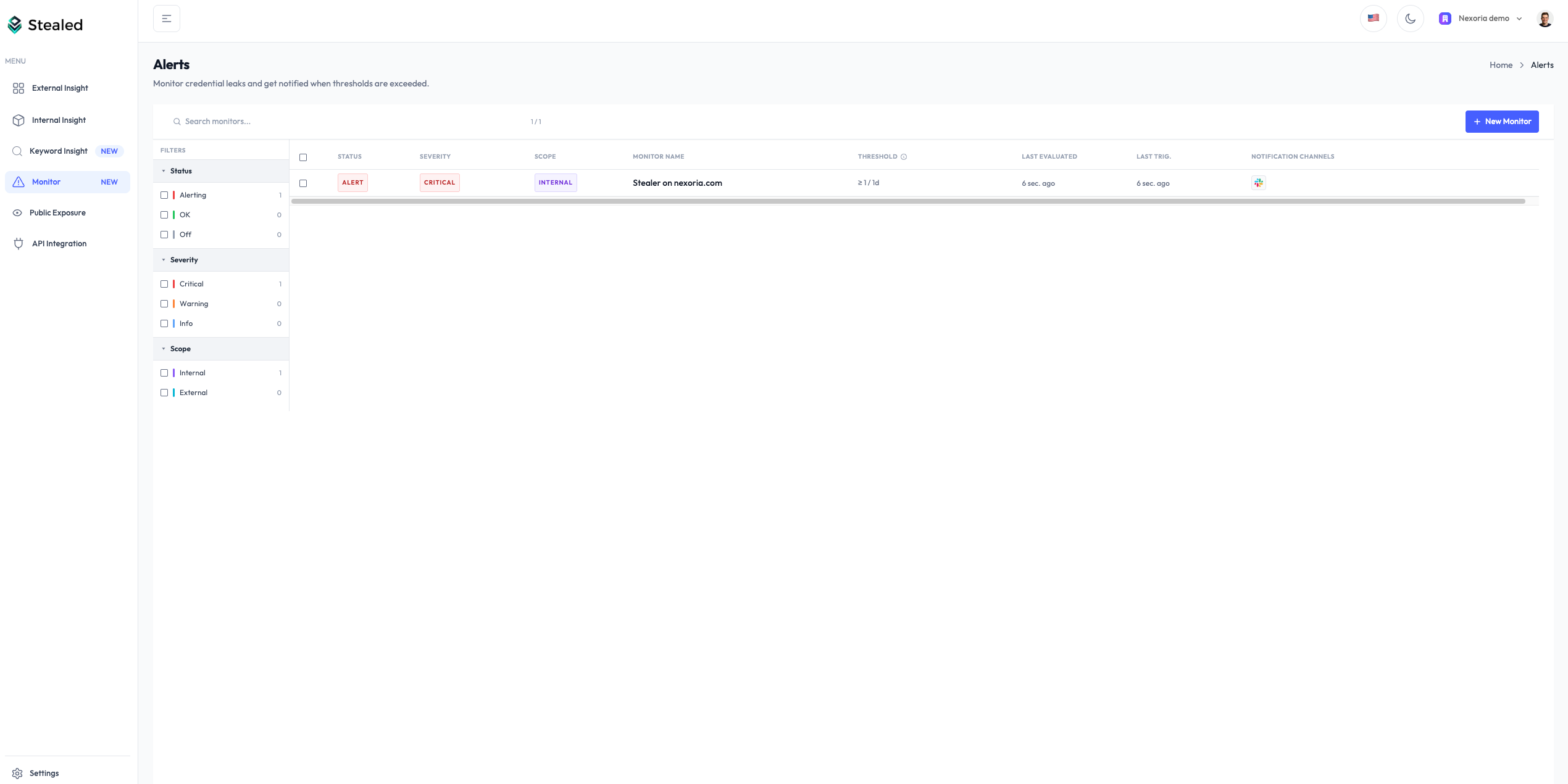 Monitoring main page with the list of active monitors, their status and the open events counter