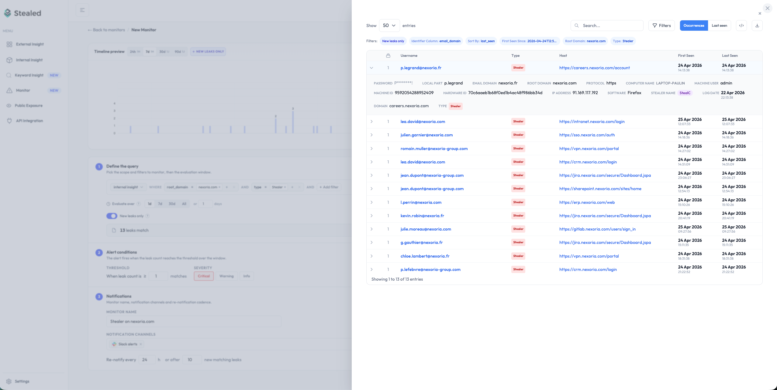Live preview of leaks matching the monitor rule, displayed alongside the configuration form