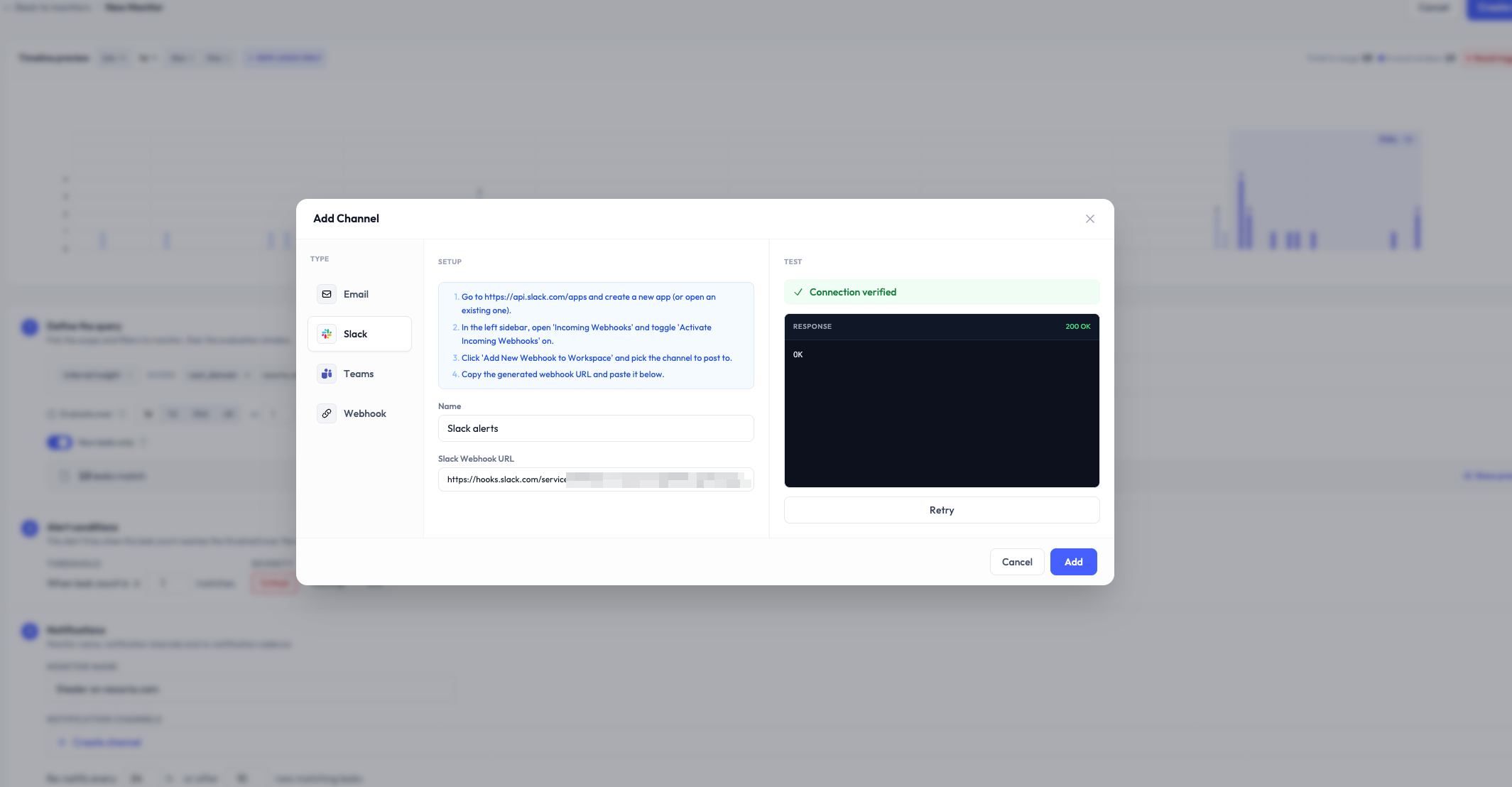 Notification channel creation form with delivery type and configuration