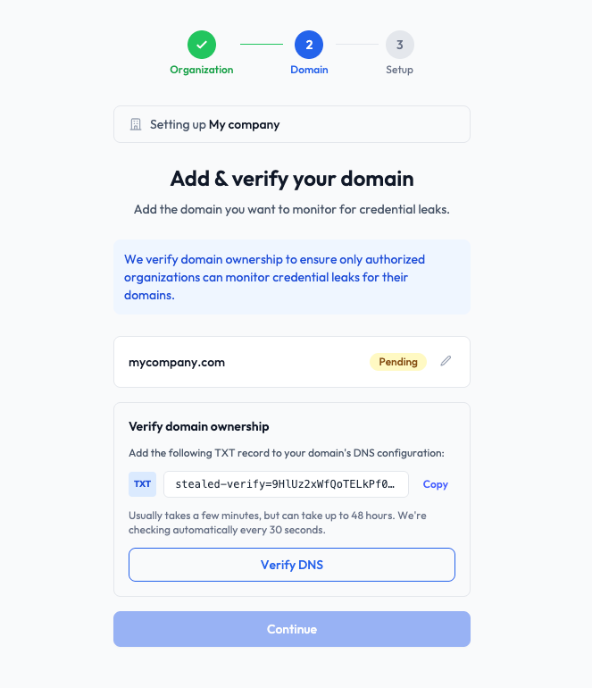 Organization onboarding flow during sign-up