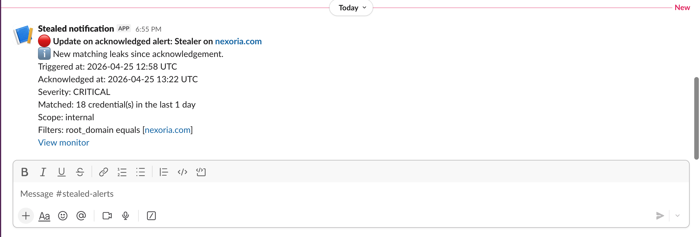 Slack-rendered Stealed alert with severity header, monitor context and quick-action buttons