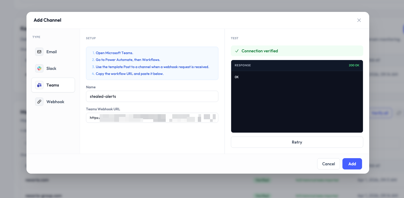 Stealed Teams channel form with the webhook URL field and the Test connection button